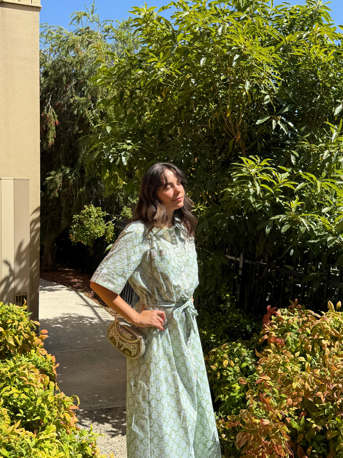 Neoma Meher cotton shirt dress worn by model, front view