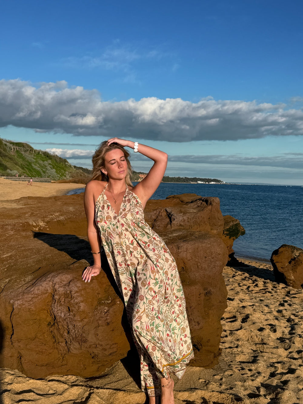 Sandy Toes cotton maxi dress worn by model, front view