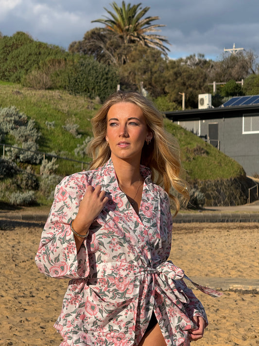 Rosewater Morning cotton robe, full length showing the wrap fit