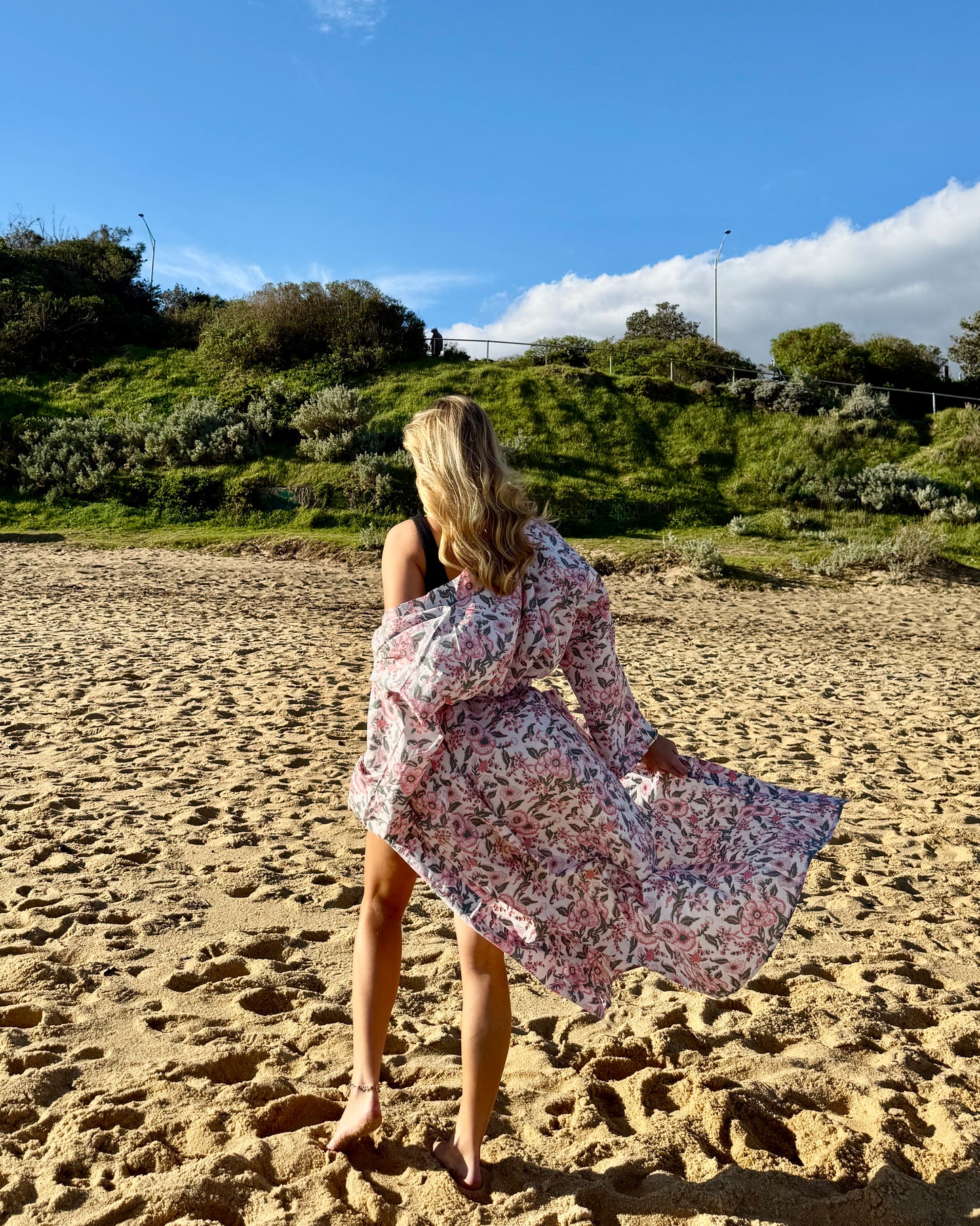 Rosewater Morning cotton robe worn during a slow morning