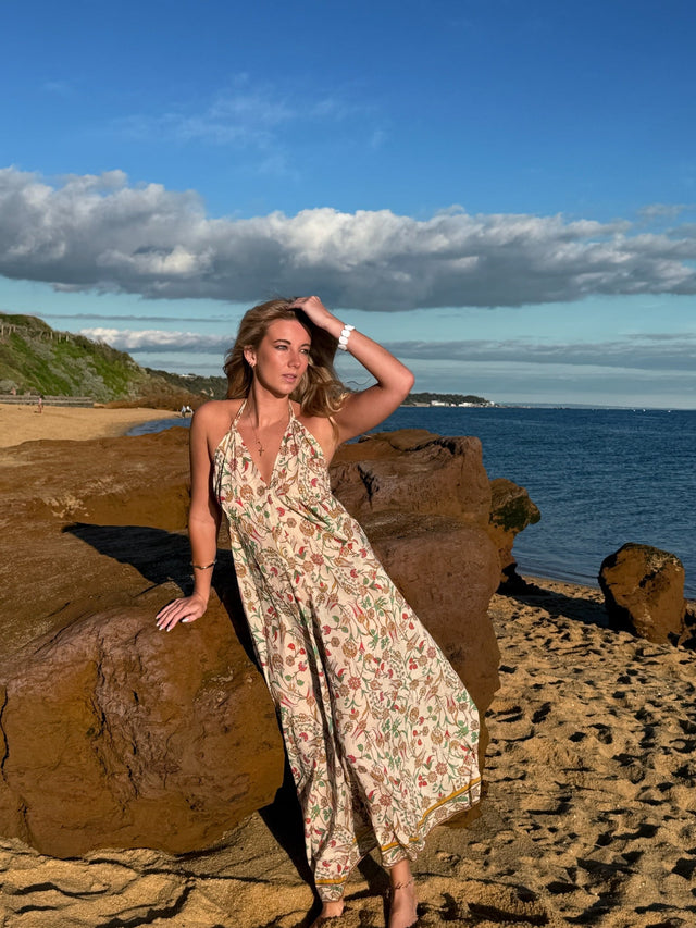 Detail of the print on the Sandy Toes cotton maxi dress