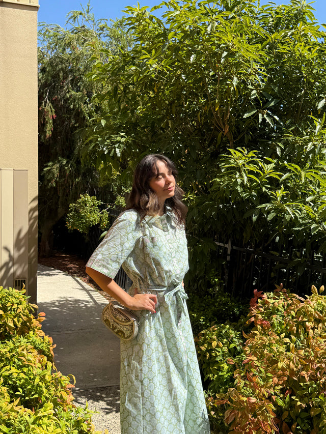 Neoma Meher cotton shirt dress worn by model, front view