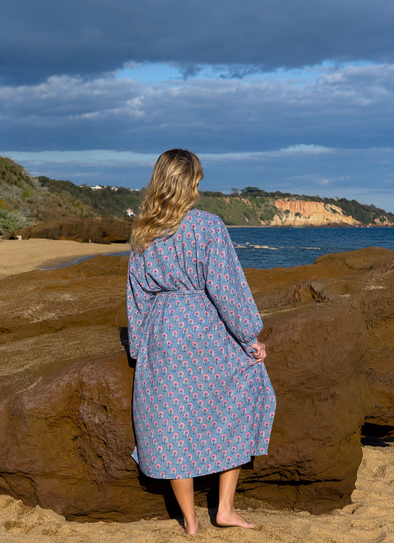 Seashell Sky cotton kimono, full length showing the relaxed fit