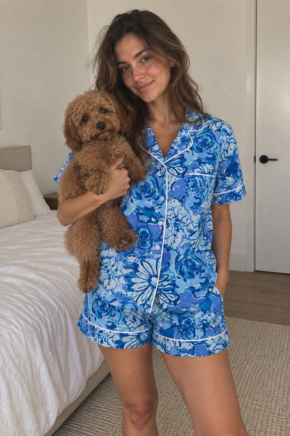 Bluebell Dream Short Pyjama Set worn by a model, styling detail