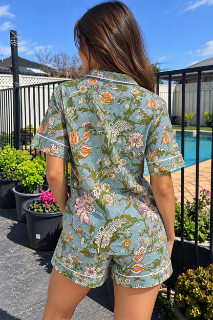 Close-up of the blue floral meadow print on the Blue Meadow Floral Short Pyjama Set