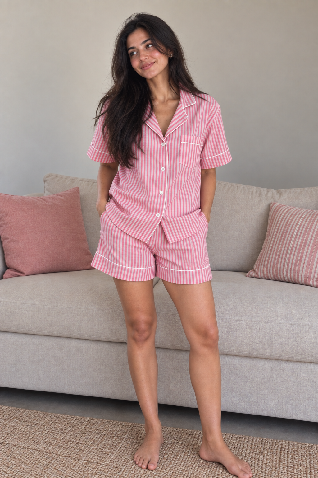 Pink Candy Stripe Short Pyjama Set worn by a model, pink and white stripe print