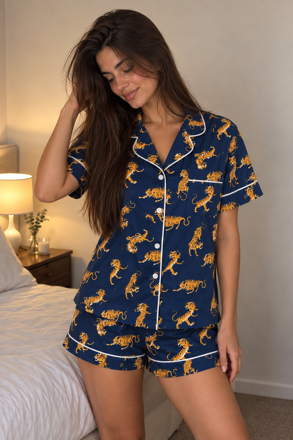 Golden Tiger Short Pyjama Set worn by a model, navy and golden tiger print