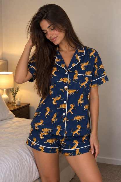 Golden Tiger Short Pyjama Set worn by a model, navy and golden tiger print