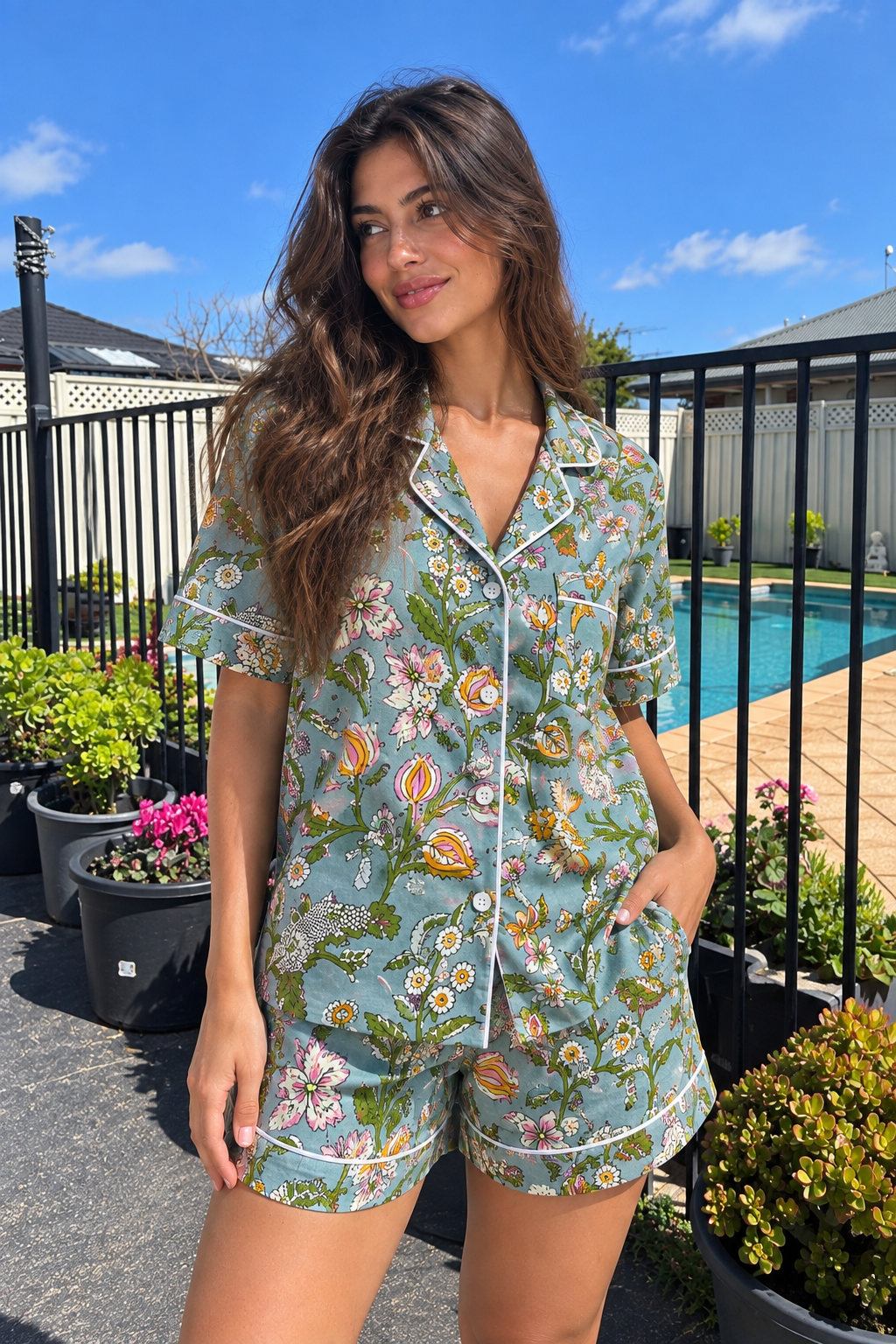 Blue Meadow Floral Short Pyjama Set, flat lay of shirt and matching shorts