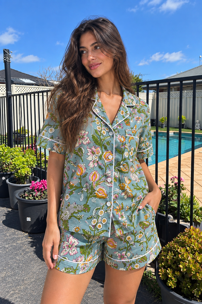 Blue Meadow Floral Short Pyjama Set, flat lay of shirt and matching shorts