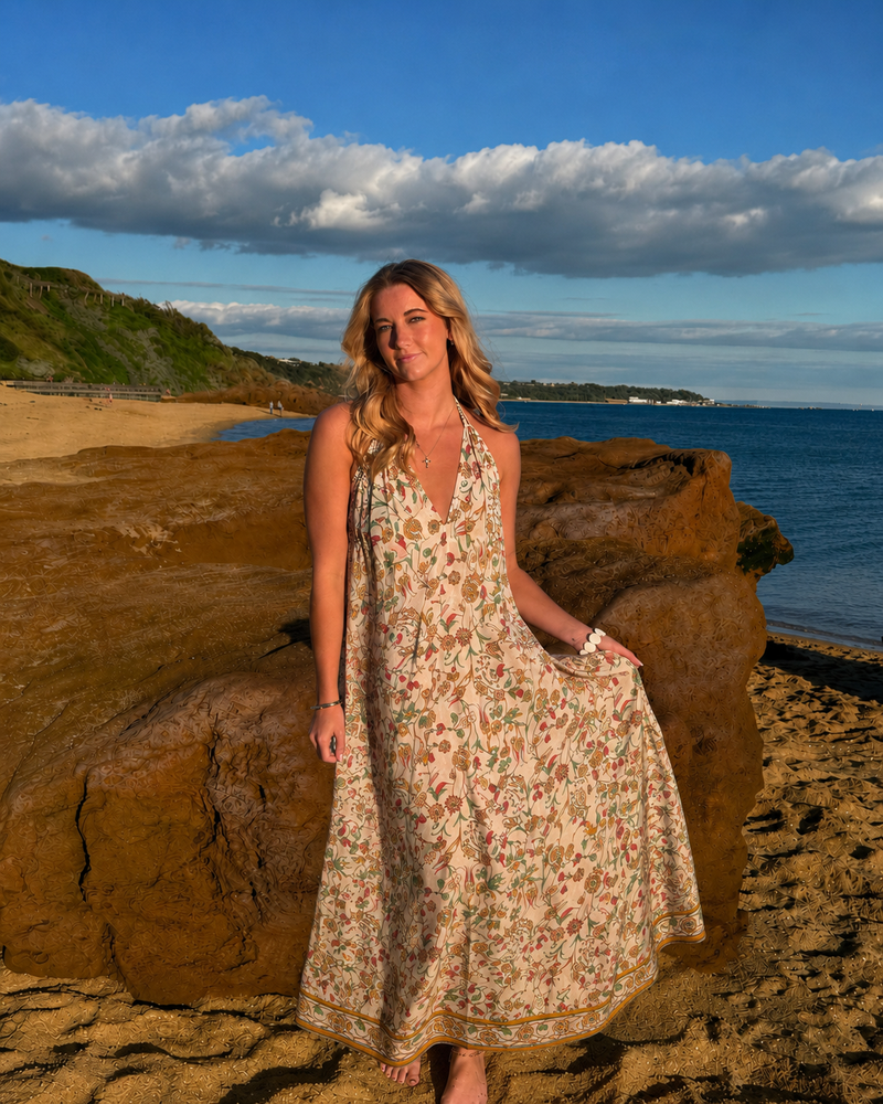 Sandy Toes cotton maxi dress, full length showing the relaxed fit