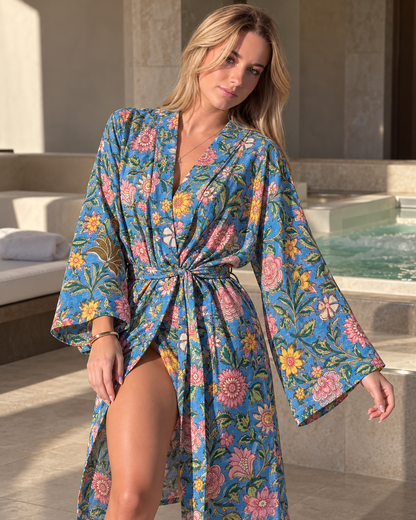 Azure Garden Cotton Kimono Robe