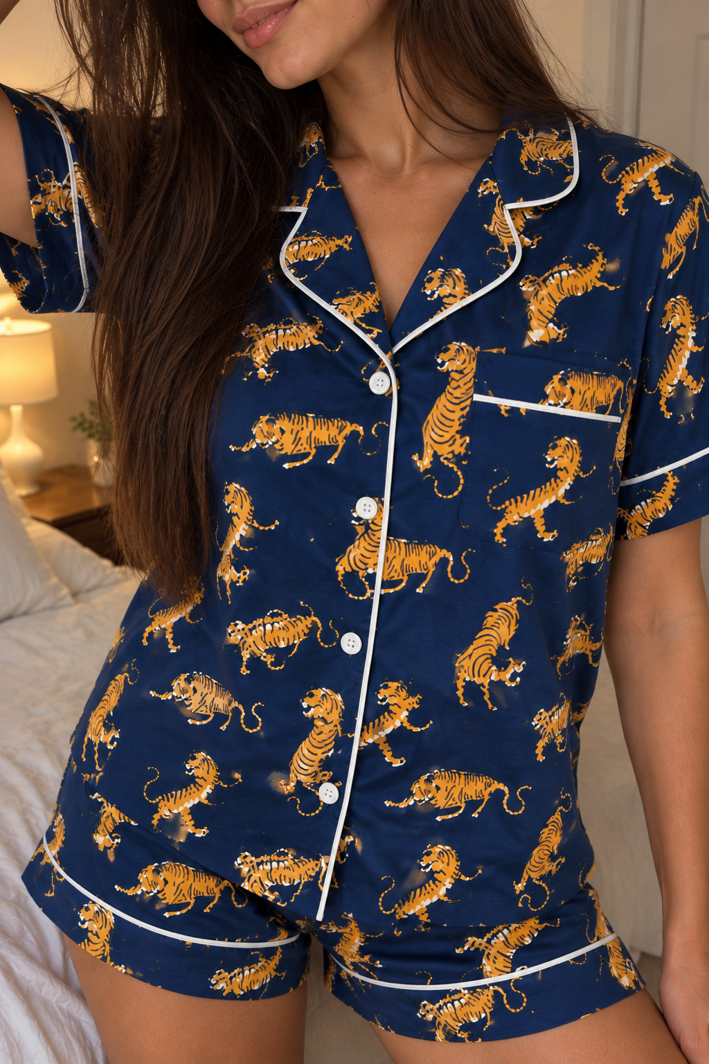 Golden Tiger Short Pyjama Set, flat lay of shirt and matching shorts
