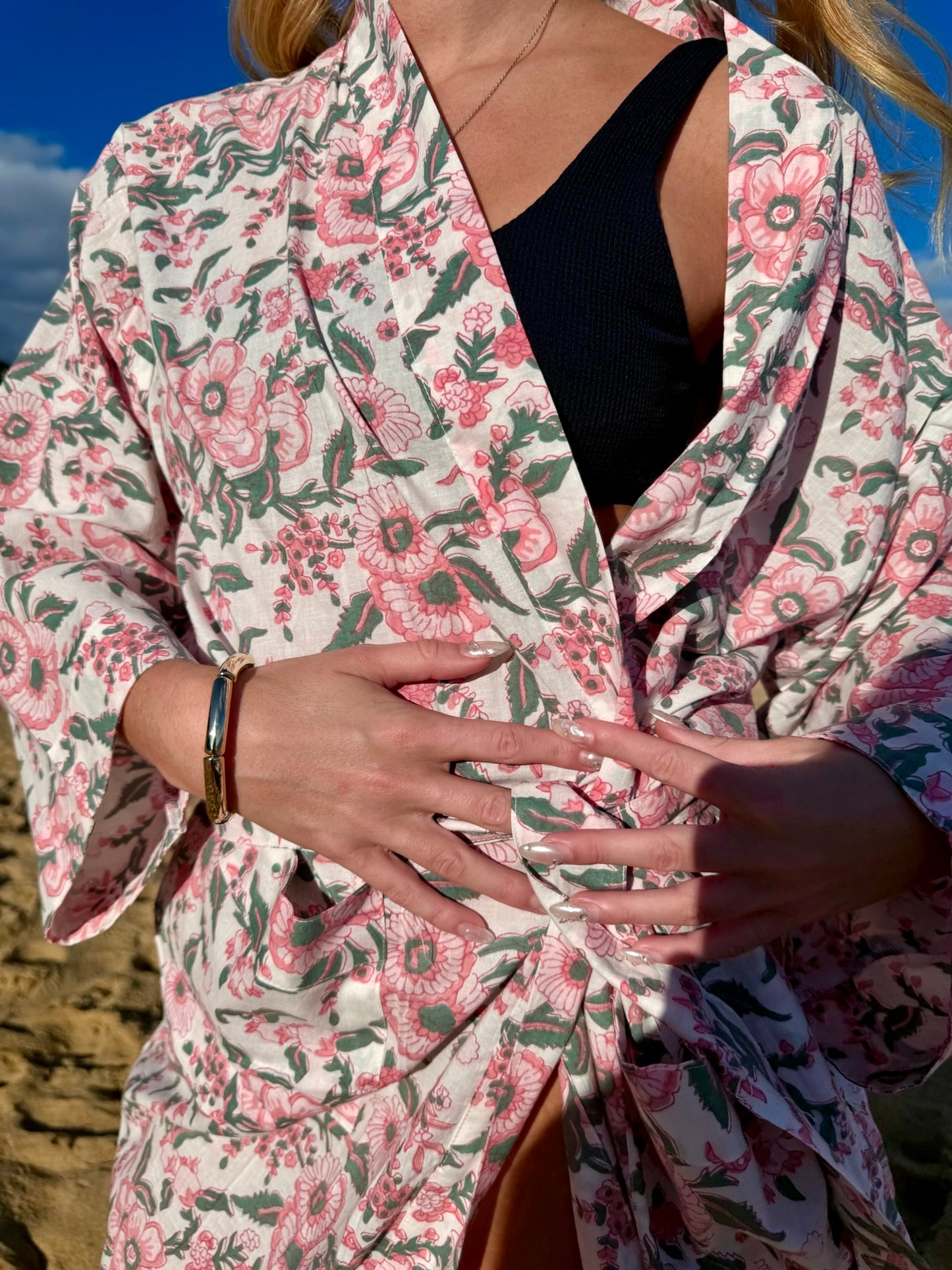 Rosewater Morning cotton robe, side view