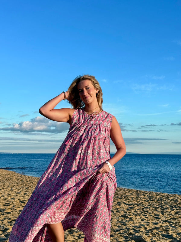 She Left Flowers by the Shore cotton maxi dress worn by model, front view