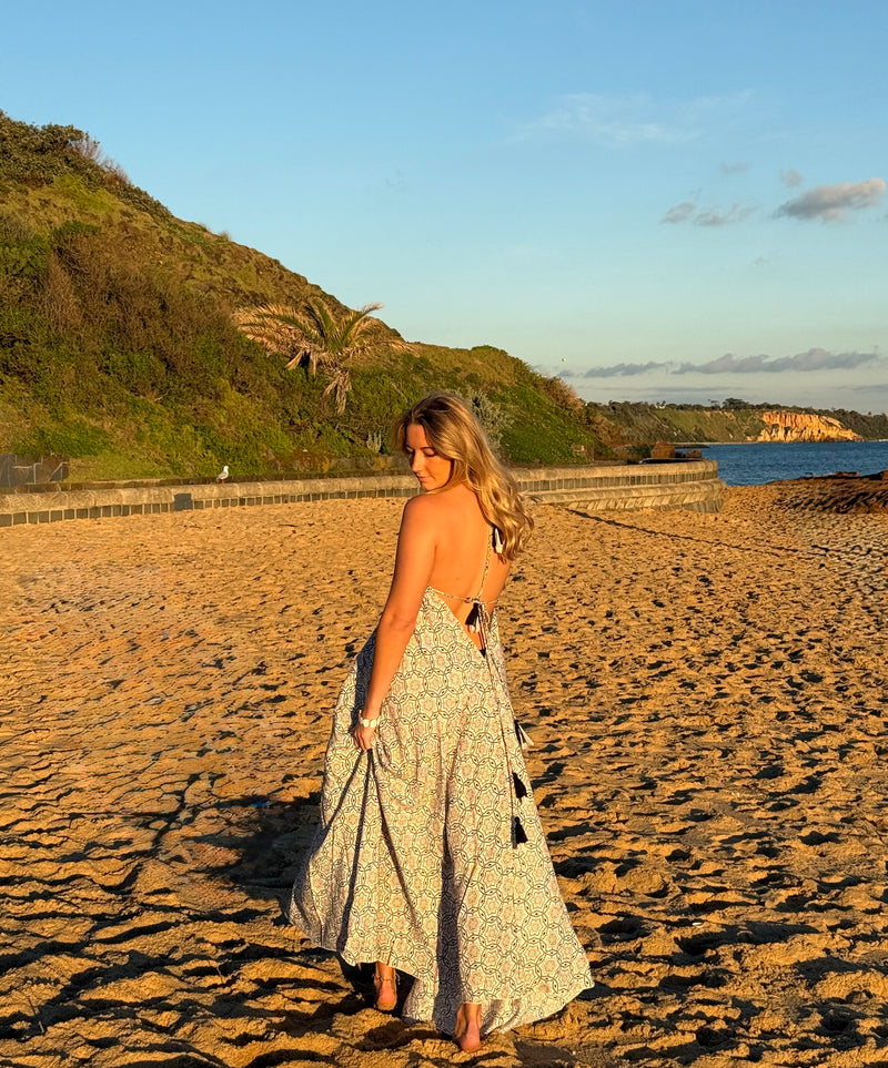 Ocean Breeze cotton maxi dress, full length showing the flowing silhouette