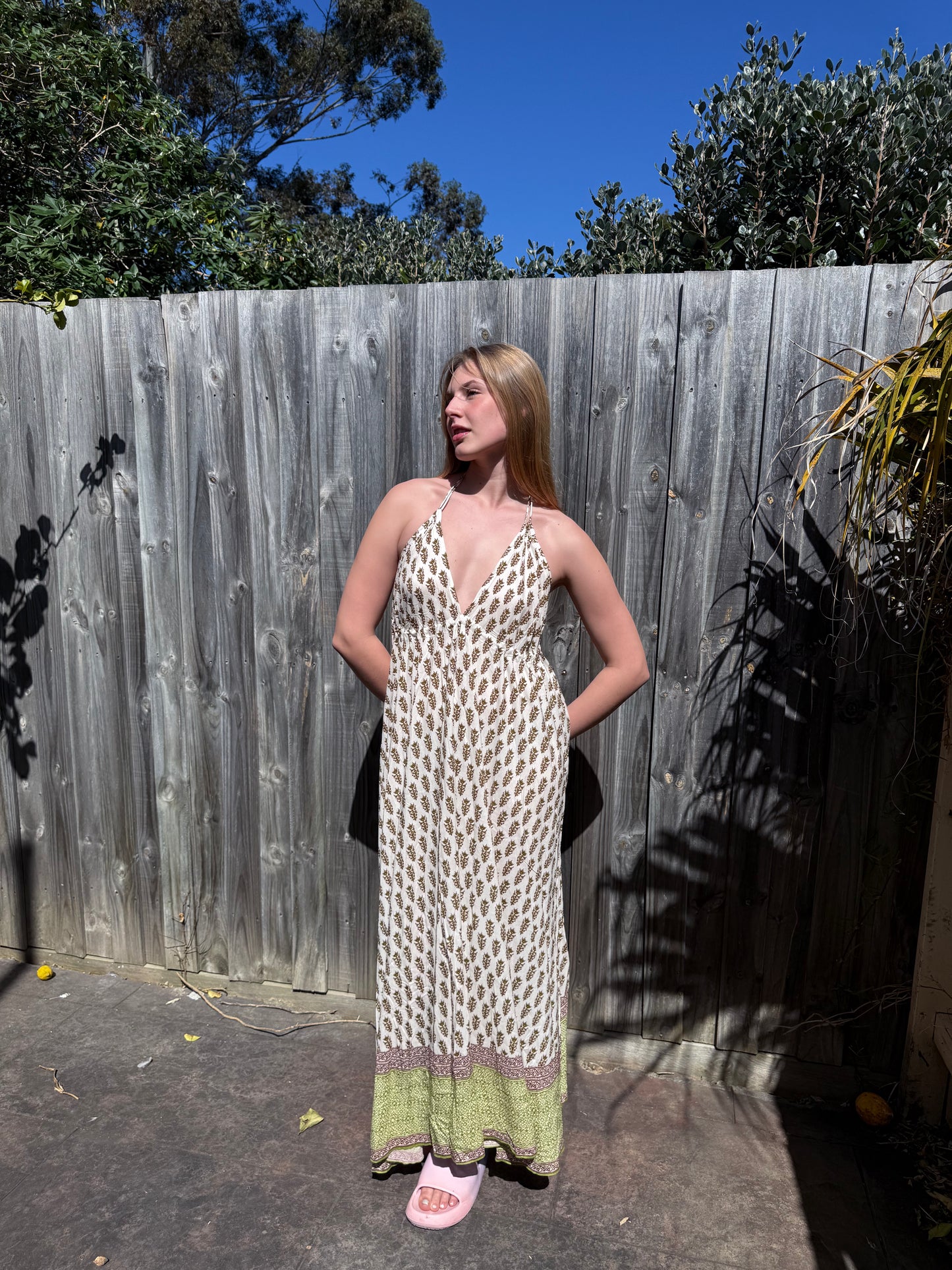 Olive Floral Cotton Maxi Dress