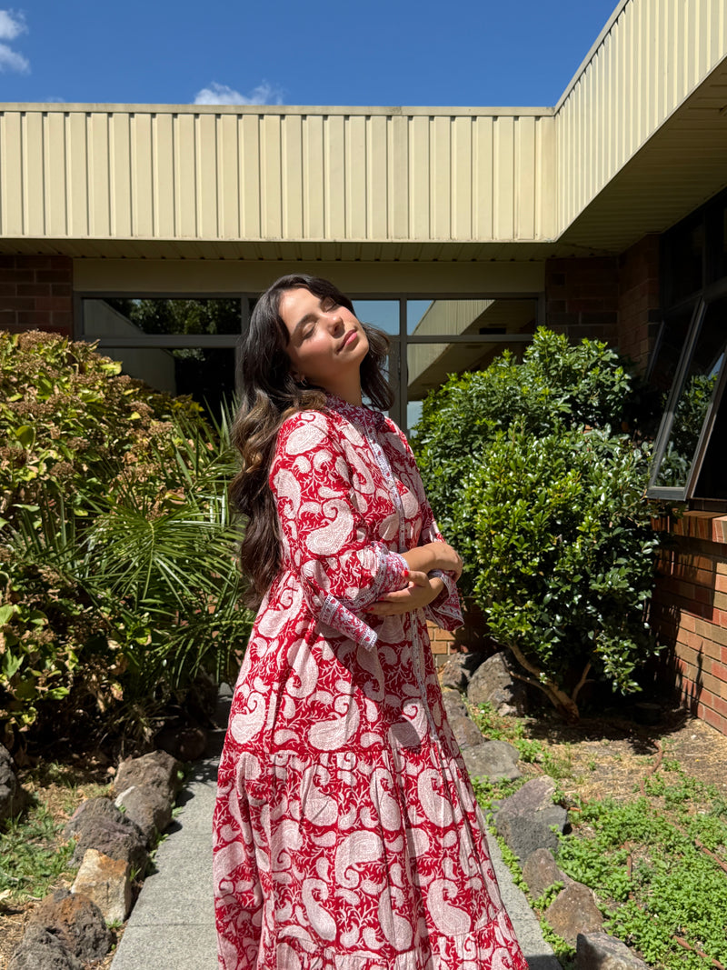 Neoma Aarzoo cotton maxi dress, side view showing the flare