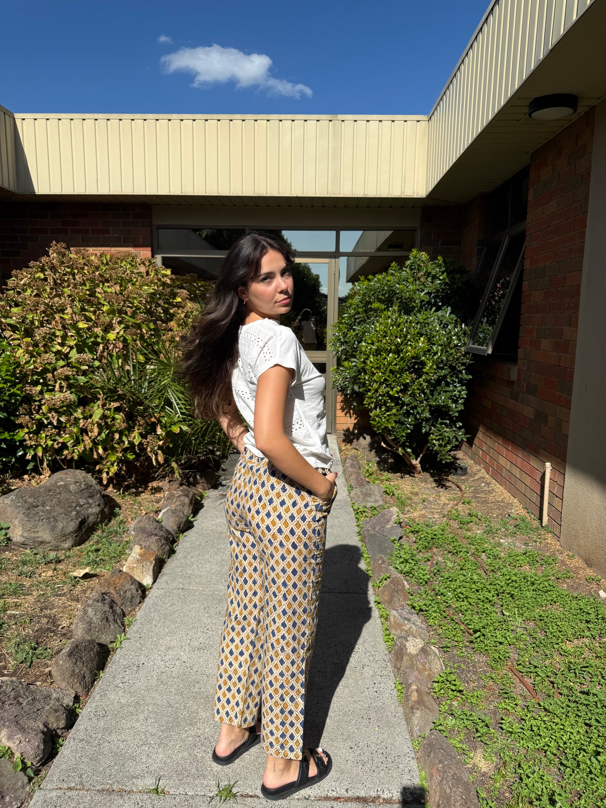 Neoma Indigo Sand cotton wide-leg pants worn by model, front view