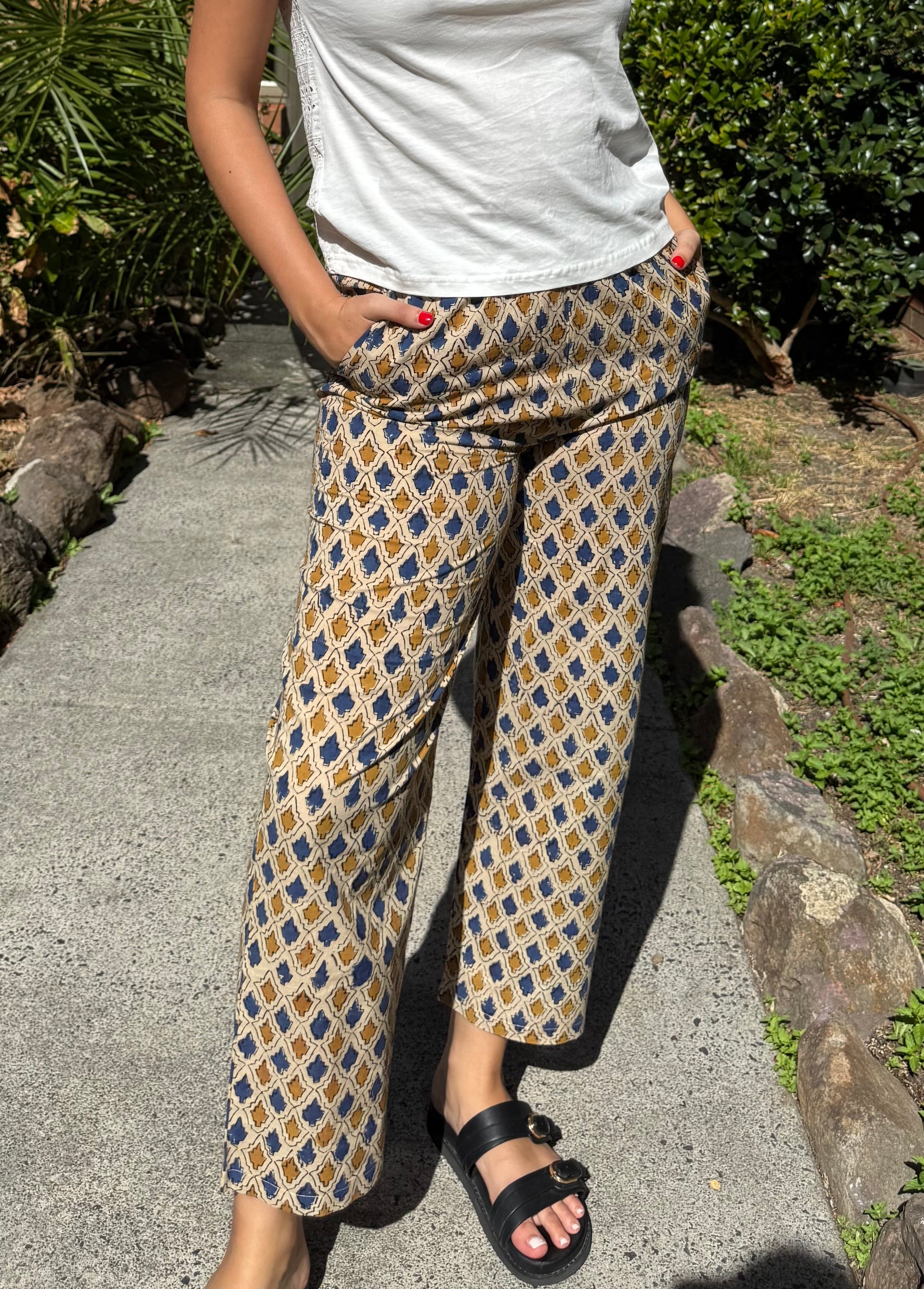 Close-up of the hand-block grid print on the Neoma Indigo Sand pants
