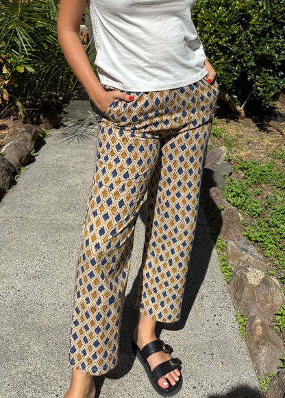 Close-up of the hand-block grid print on the Neoma Indigo Sand pants