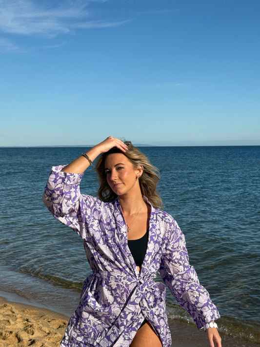Model wearing the Lavender Tide cotton kimono tied at the waist, front view