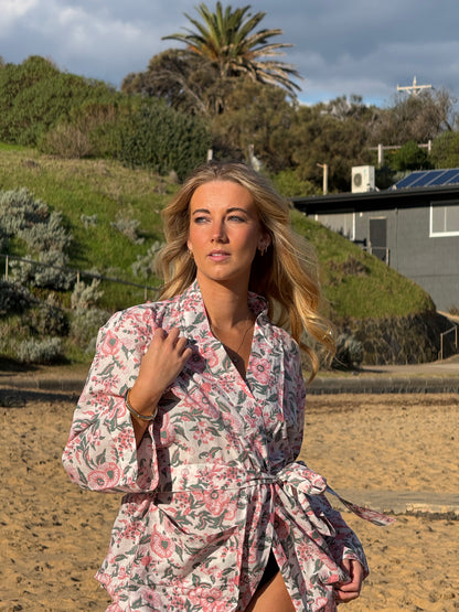 Rosewater Morning cotton robe, full length showing the wrap fit