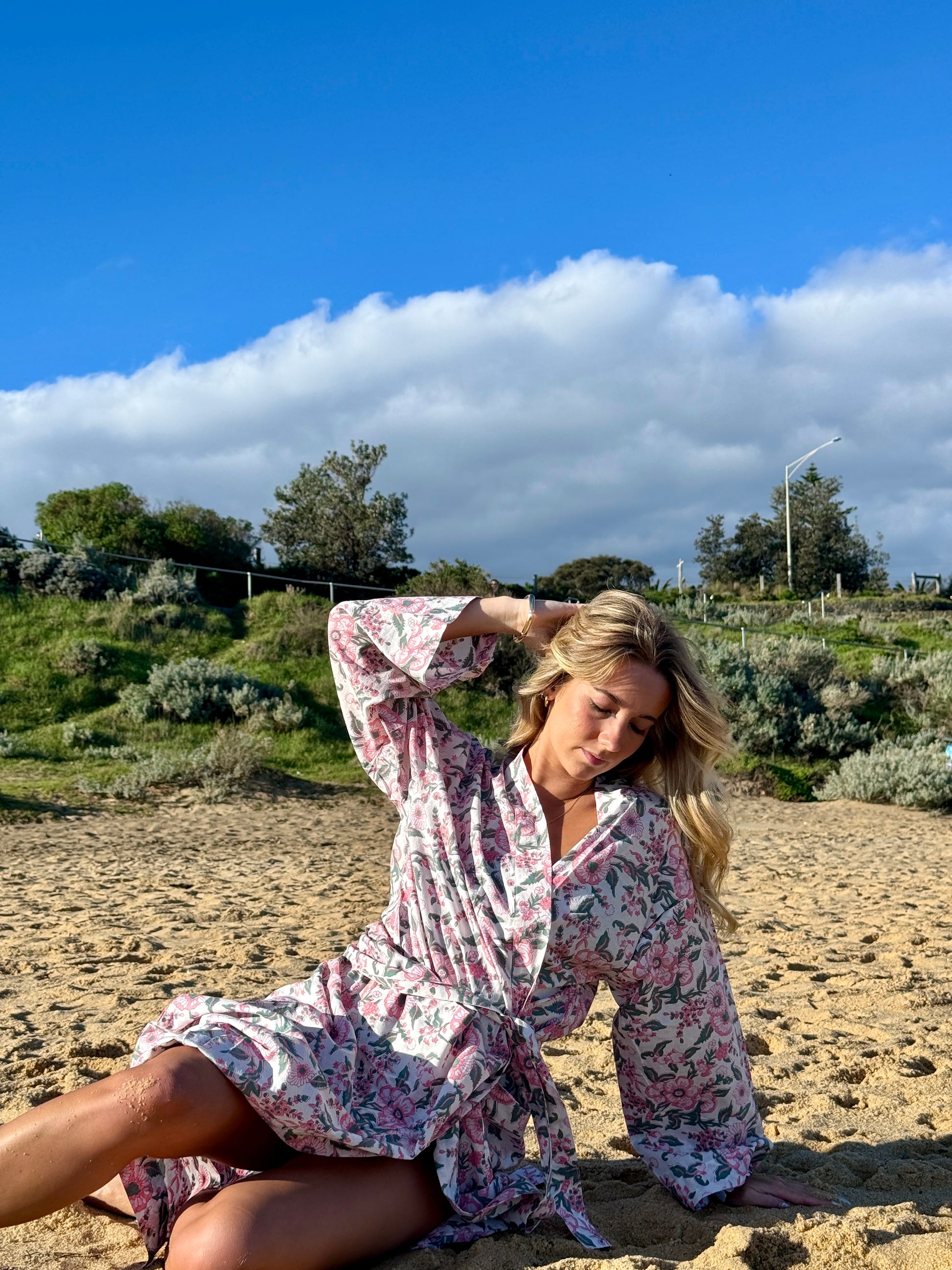 Rosewater Morning cotton robe worn by model, front view
