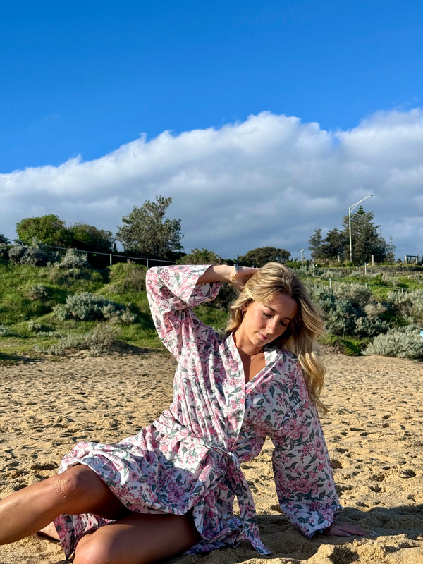 Rosewater Morning cotton robe worn by model, front view