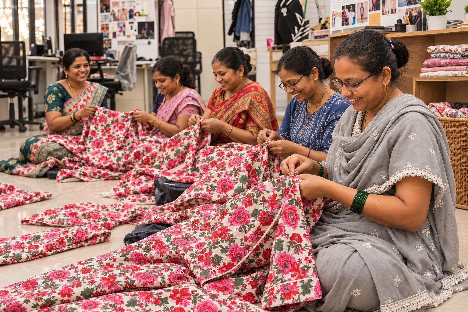 Women working together with hand-block printed House of Neoma garments